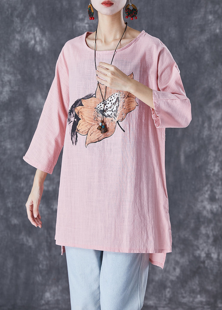 Women Pink Asymmetrical Print Linen Blouse Tops Fall