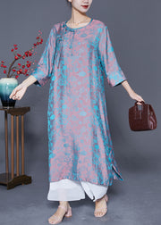 Women Pink Blue Jacquard Tassel Chinese Button Silk Vacation Dresses Bracelet Sleeve