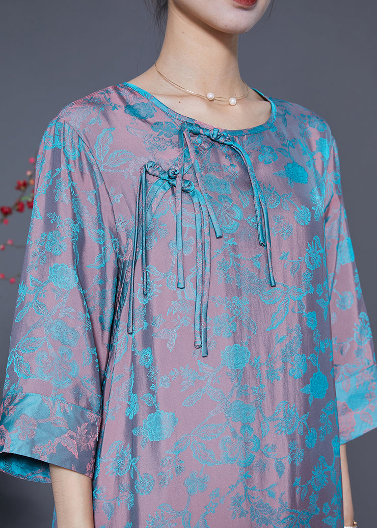 Women Pink Blue Jacquard Tassel Chinese Button Silk Vacation Dresses Bracelet Sleeve