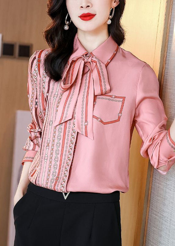 Women Pink Bow Tie Print Patchwork Silk Shirts Top Spring