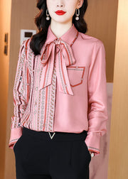 Women Pink Bow Tie Print Patchwork Silk Shirts Top Spring