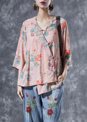 Women Pink Chinese Button Print Linen Shirts Bracelet Sleeve