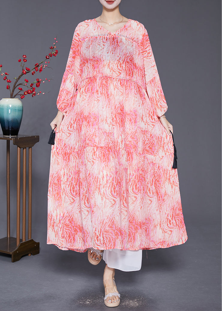 Women Pink Cinched Print Chiffon Vacation Dresses Fall