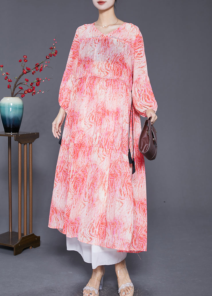 Women Pink Cinched Print Chiffon Vacation Dresses Fall