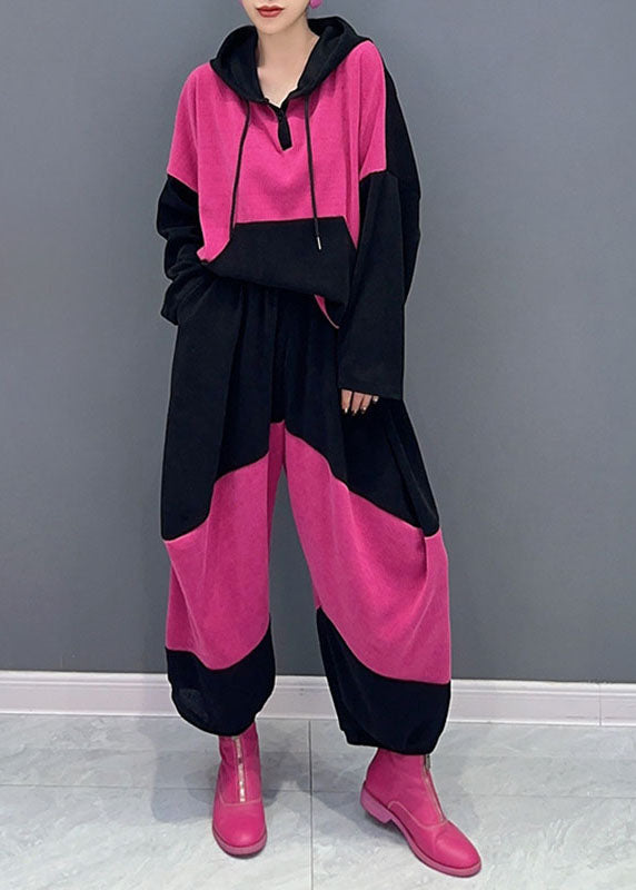 Women Pink Drawstring Patchwork Velour Hooded Top And Pants Two Pieces Set Fall