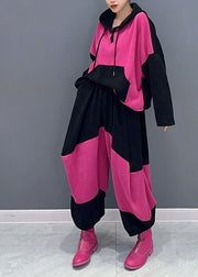 Women Pink Drawstring Patchwork Velour Hooded Top And Pants Two Pieces Set Fall