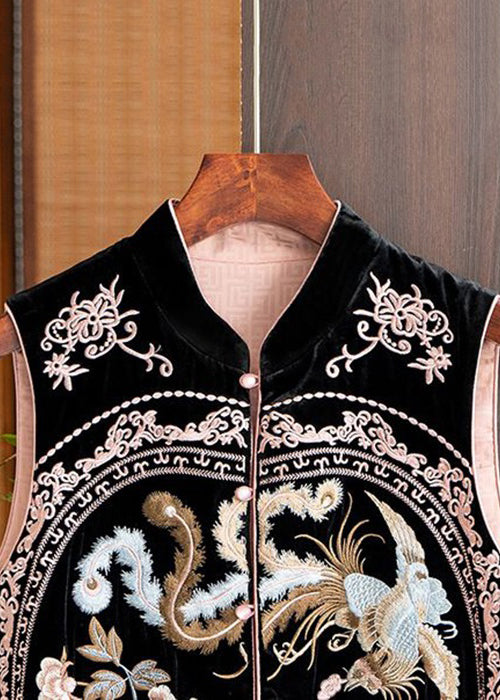 Women Pink Embroidered Button Patchwork Silk Waistcoat Sleeveless
