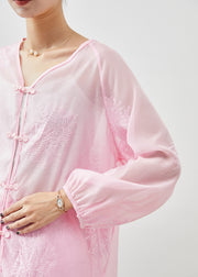 Women Pink Embroidered Chinese Button Linen Silk 2 Piece Outfit Summer