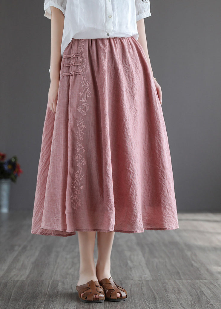 Women Pink Embroidered Chinese Button Linen Skirts Spring