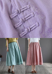 Women Pink Embroidered Chinese Button Linen Skirts Spring