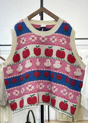 Women Pink Embroidered Patchwork Cozy Cotton Knit Waistcoat Sleeveless