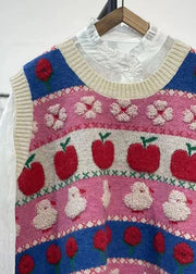 Women Pink Embroidered Patchwork Cozy Cotton Knit Waistcoat Sleeveless