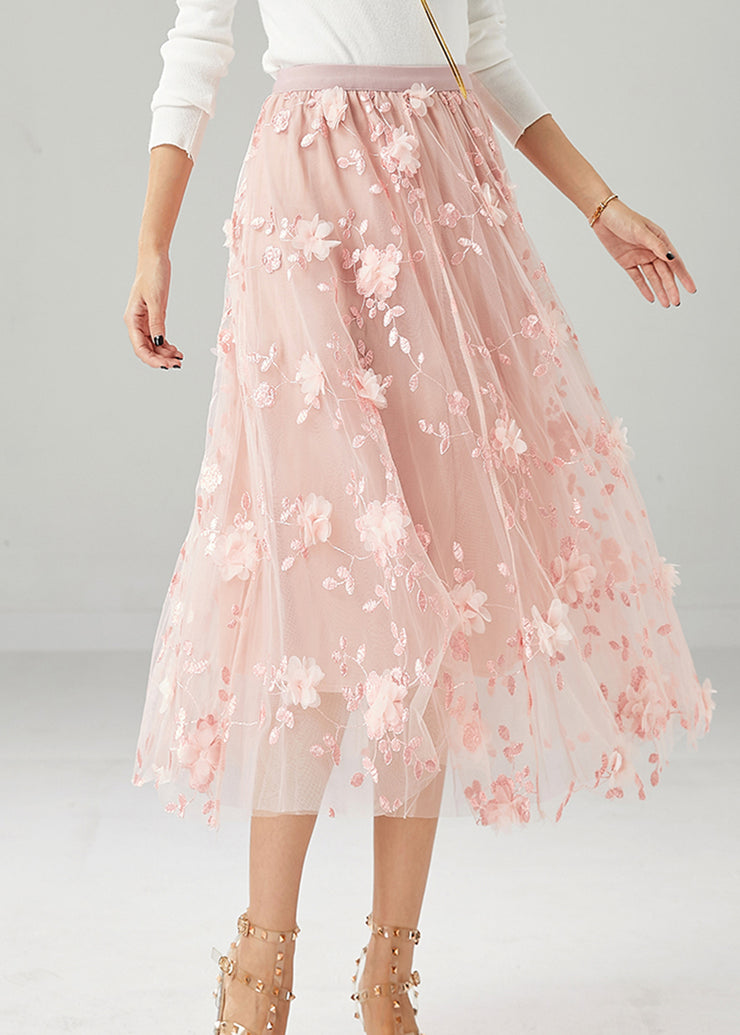 Women Pink Embroidered Stereoscopic Floral Tulle Skirt Fall