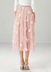 Women Pink Embroidered Stereoscopic Floral Tulle Skirt Fall