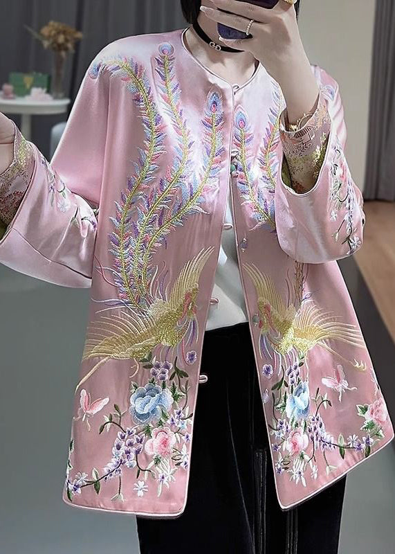 Women Pink Embroideried Wear On Both Sides Silk Coat Spring