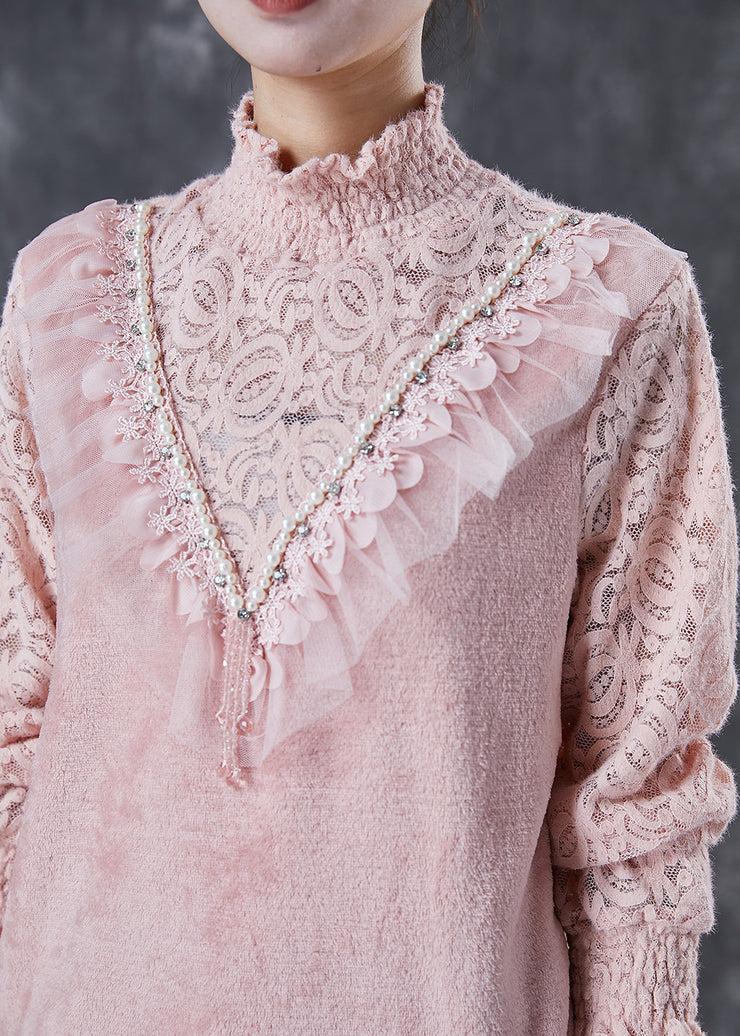 Women Pink High Neck Patchwork Lace Velour Shirts Winter