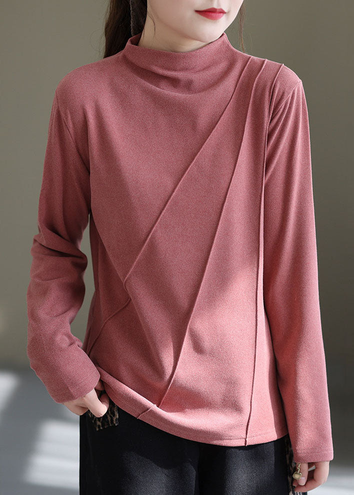 Women Pink High Neck Solid Wrinkled Velour Shirt Winter