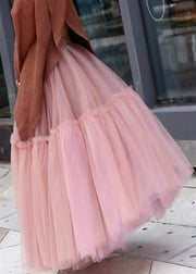Women Pink High Waist Patchwork Pleated Tulle Fall Skirts