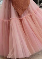 Women Pink High Waist Patchwork Pleated Tulle Fall Skirts
