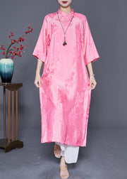 Women Pink Mandarin Collar Chinese Button Jacquard Silk Dress Summer