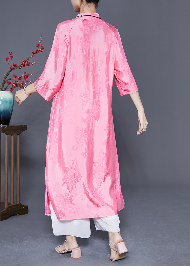 Women Pink Mandarin Collar Chinese Button Jacquard Silk Dress Summer