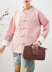 Women Pink Mandarin Collar Chinese Button Pockets Woolen Coats Fall