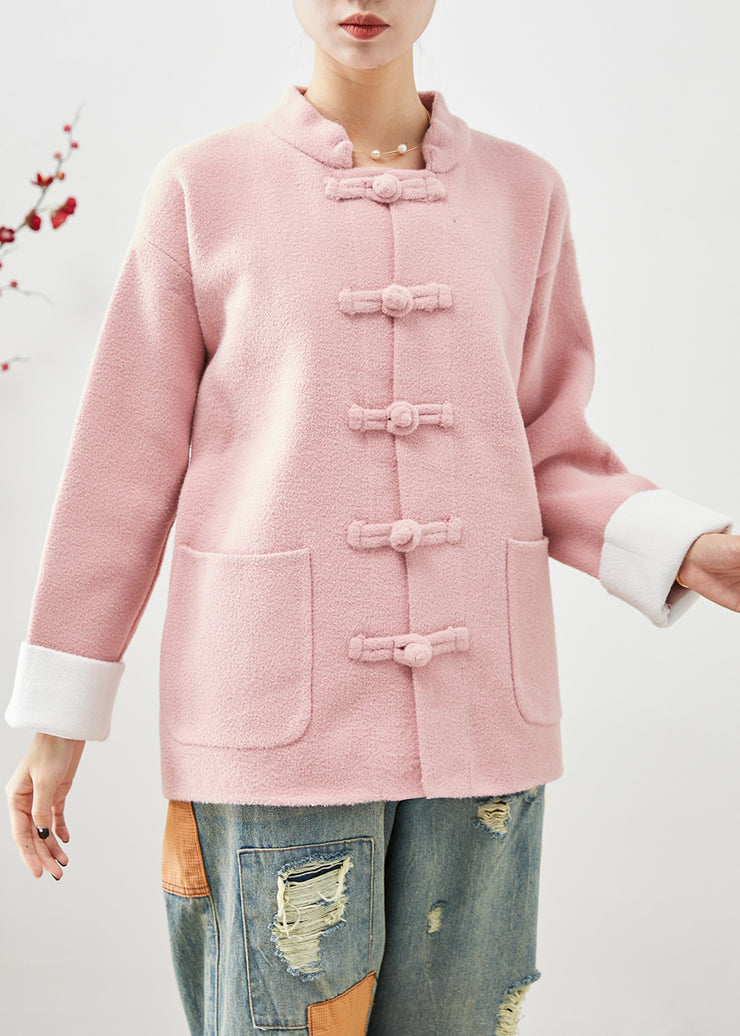 Women Pink Mandarin Collar Chinese Button Pockets Woolen Coats Fall