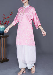 Women Pink Mandarin Collar Patchwork Tassel Silk Long Dresses Summer