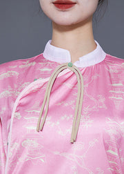 Women Pink Mandarin Collar Patchwork Tassel Silk Long Dresses Summer