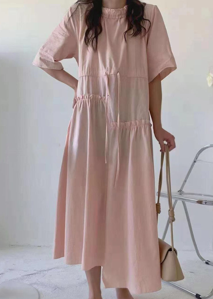 Women Pink O-Neck Asymmetrical Patchwork Cotton Dress Summer