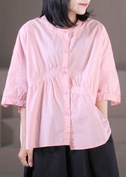Frauen rosa O-Neck asymmetrische zerknitterte Baumwollhemden mit halben Ärmeln