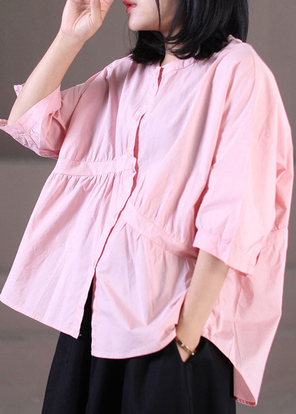 Frauen rosa O-Neck asymmetrische zerknitterte Baumwollhemden mit halben Ärmeln