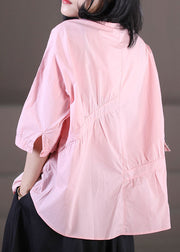 Women Pink O-Neck Asymmetrical Wrinkled Cotton Shirts Half Sleeve