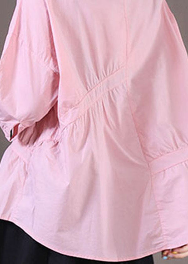 Women Pink O-Neck Asymmetrical Wrinkled Cotton Shirts Half Sleeve