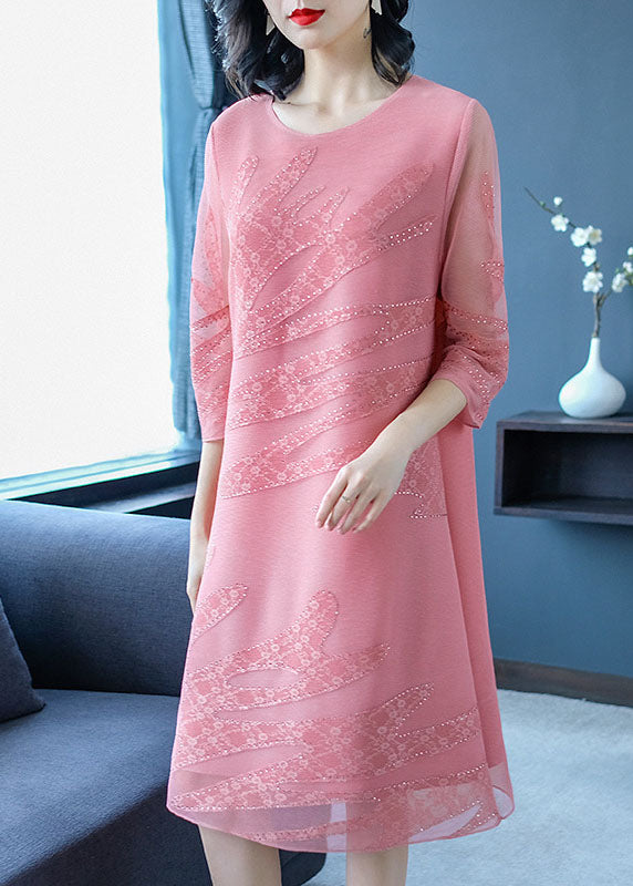 Women Pink O-Neck Embroidered Floral Tulle Maxi Dresses Fall