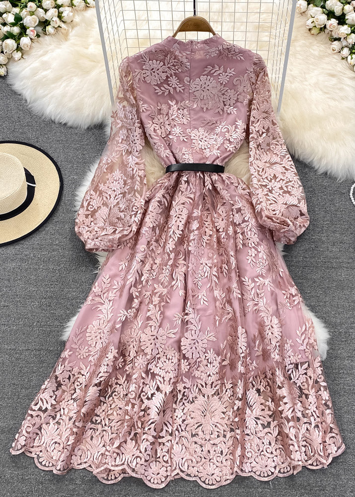 Women Pink O-Neck Embroidered Floral Tunic Sashes Tulle Maxi Dress Lantern Sleeve