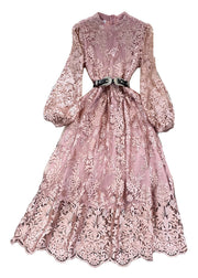 Women Pink O-Neck Embroidered Floral Tunic Sashes Tulle Maxi Dress Lantern Sleeve