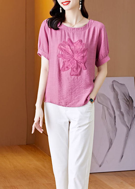 Women Pink O Neck Embroidered Patchwork Linen T Shirt Top Summer