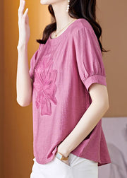 Women Pink O Neck Embroidered Patchwork Linen T Shirt Top Summer