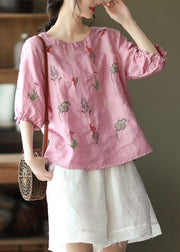 Women Pink O-Neck Embroideried Summer Ramie Blouses Half Sleeve - SooLinen