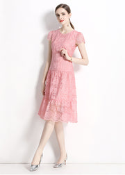 Women Pink O Neck Hollow Out Embroidered Patchwork Lace Dresses Summer