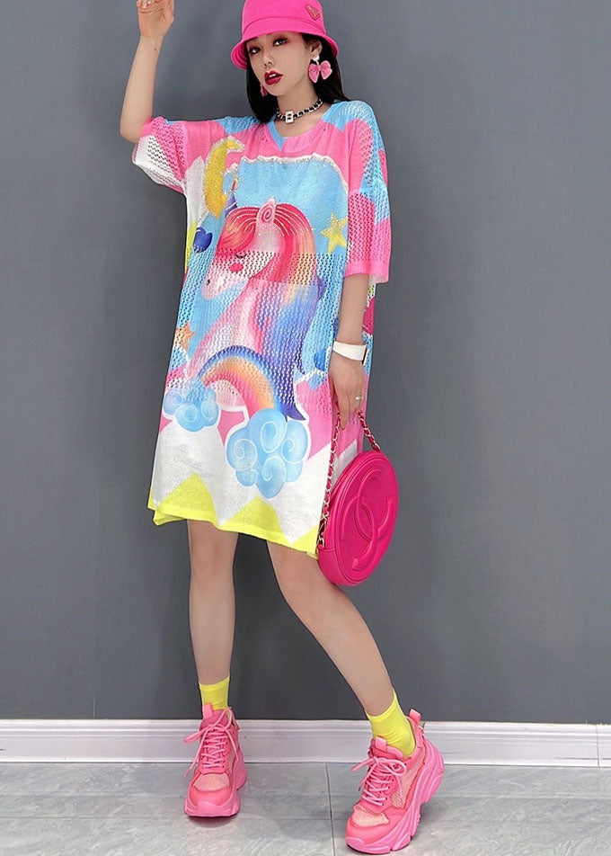 Women Pink O-Neck Horse Print Oversized Vacation Dress Short Sleeve