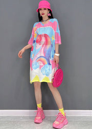 Women Pink O-Neck Horse Print Oversized Vacation Dress Short Sleeve