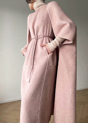 Women Pink O-Neck Pockets Patchwork Wool Two Piece Suit Set Fall