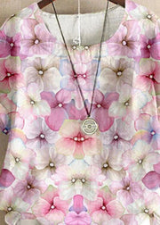 Women Pink O Neck Print Patchwork Linen T Shirt Top Summer