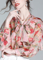 Women Pink O-Neck Ruffled Print Bow Silk Shirt Spring