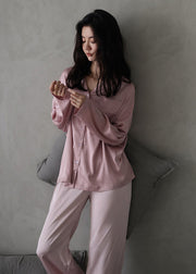 Women Pink Peter Pan Collar Button Cozy Ice Silk Pajamas Two Piece Set Long Sleeve