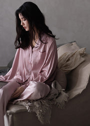 Women Pink Peter Pan Collar Button Cozy Ice Silk Pajamas Two Piece Set Long Sleeve