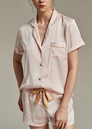 Women Pink Peter Pan Collar Button Ice Silk Pajamas Two Pieces Set Summer