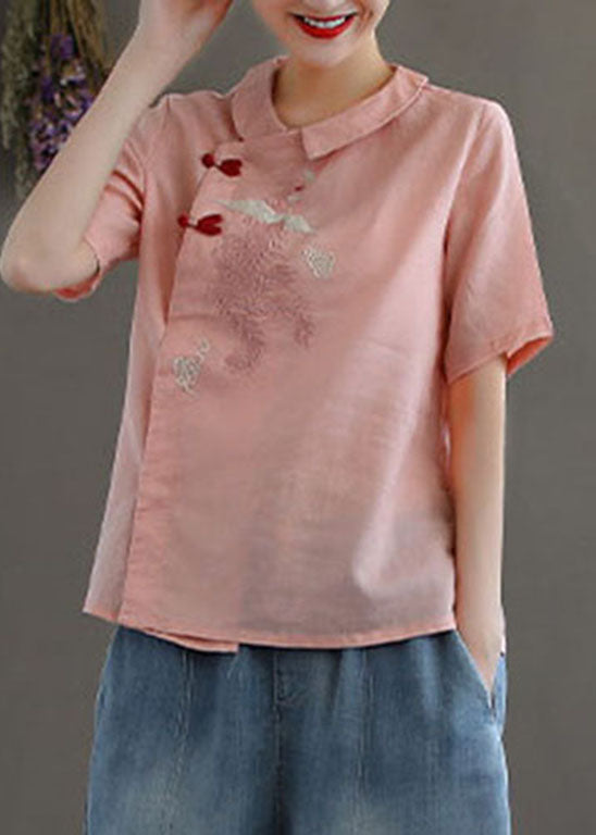 Women Pink Peter Pan Collar Embroidered Linen Blouse Tops Spring